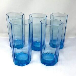 Vtg Luminarc Octime Ice Blue Set 5 Octagonal Paneled Tumblers 6"